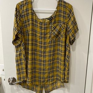 Torrid Plaid Blouse Size 2X, mustard yellow coloring, button detail back